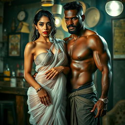A full-length intimate and steamy couple photoshoot featuring a stunning 22-year-old Arab woman, exuding beauty and allure, draped in a transparent white wet saree that clings to her curves, revealing her attractive strapless blouse