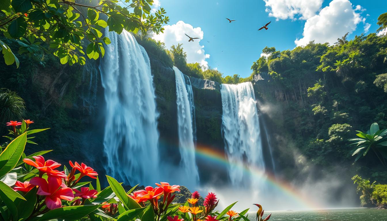 A majestic waterfall cascading down a lush green cliff surrounded by vibrant tropical foliage