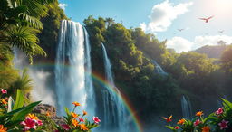 A majestic waterfall cascading down a lush green cliff surrounded by vibrant tropical foliage