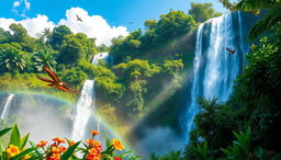 A majestic waterfall cascading down a lush green cliff surrounded by vibrant tropical foliage