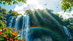 A majestic waterfall cascading down a lush green cliff surrounded by vibrant tropical foliage