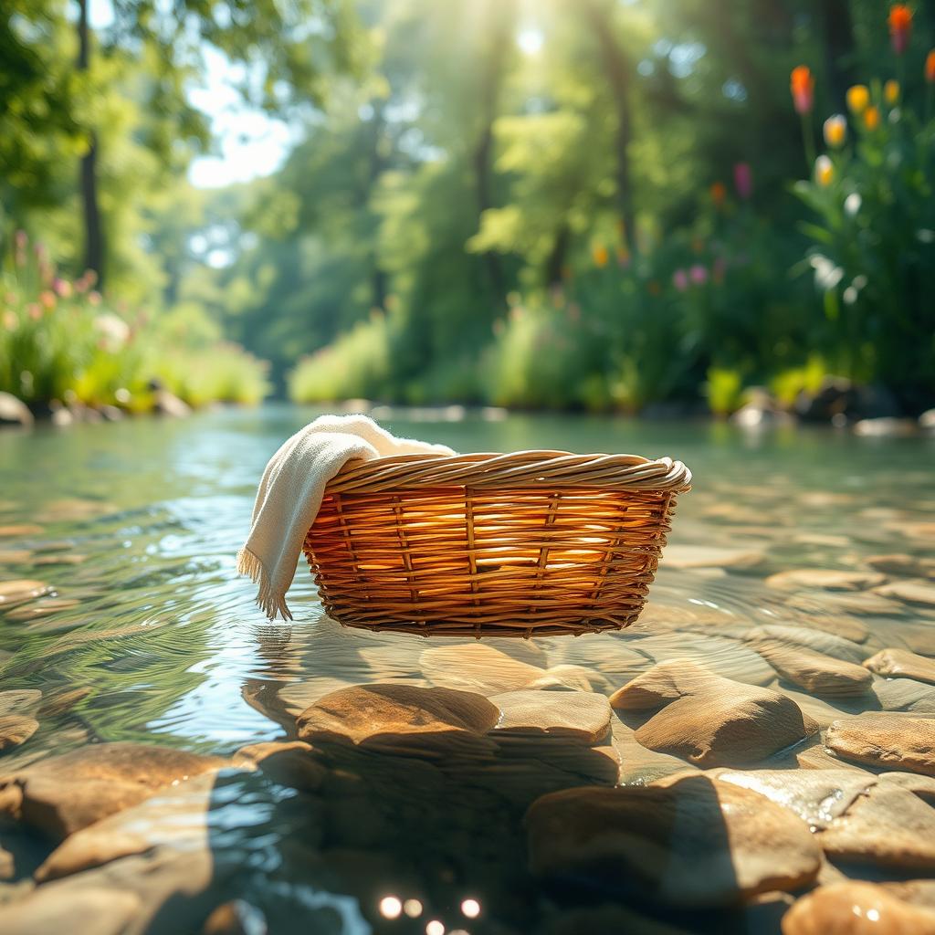 A captivating scene of a small, fragile basket floating gently down a tranquil river