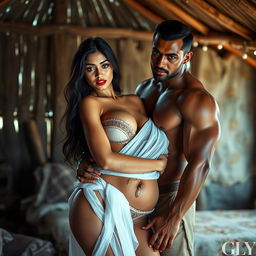 A full-length intimate and steamy couple photoshoot featuring a gorgeous 22-year-old Arab woman, radiating beauty and allure, clad in a transparent white wet saree bikini that highlights her sexy curves