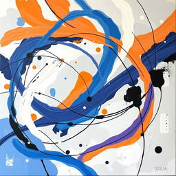 An abstract artwork titled 'Harmony in Chaos' featuring dynamic lines intertwining throughout the canvas, creating a sense of movement and energy