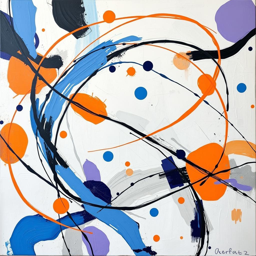 An abstract artwork titled 'Harmony in Chaos' featuring dynamic lines intertwining throughout the canvas, creating a sense of movement and energy