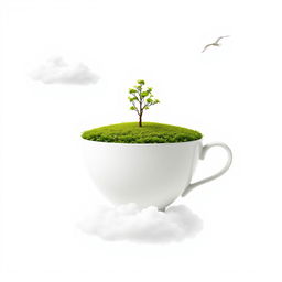 A surreal artwork featuring a large white teacup that holds a lush green tea plantation, with a solitary tree sprouting from the center of the plantation