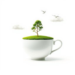A surreal artwork featuring a large white teacup that holds a lush green tea plantation, with a solitary tree sprouting from the center of the plantation