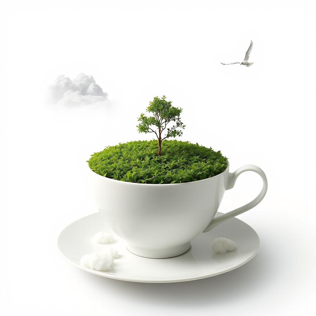A surreal artwork featuring a large white teacup that holds a lush green tea plantation, with a solitary tree sprouting from the center of the plantation