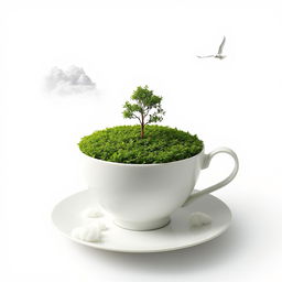 A surreal artwork featuring a large white teacup that holds a lush green tea plantation, with a solitary tree sprouting from the center of the plantation