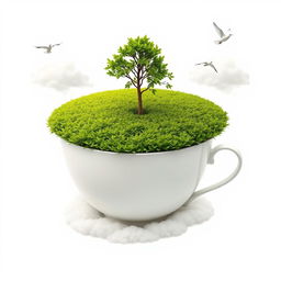 A surreal artwork featuring a large white teacup that holds a lush green tea plantation, with a solitary tree sprouting from the center of the plantation