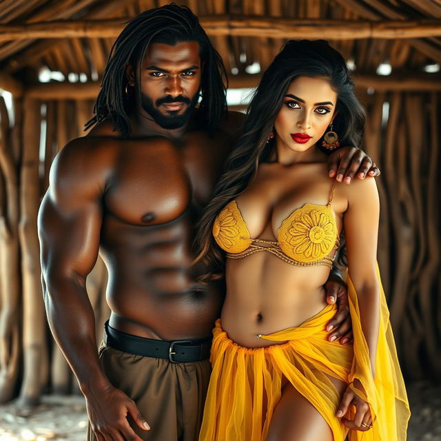 A full-length intimate and steamy couple photoshoot featuring a stunning 22-year-old Arab woman, radiating beauty and allure, dressed in a transparent yellow belly dance costume that accentuates her curves