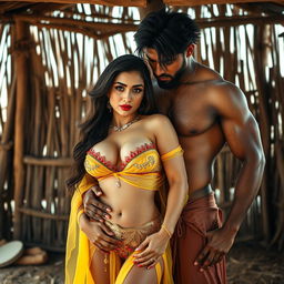A full-length intimate and steamy couple photoshoot featuring a stunning 22-year-old Arab woman, radiating beauty and allure, dressed in a transparent yellow belly dance costume that accentuates her curves