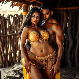 A full-length intimate and steamy couple photoshoot featuring a stunning 22-year-old Arab woman, radiating beauty and allure, dressed in a transparent yellow belly dance costume that accentuates her curves