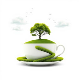 A creative surreal artwork depicting a large white teacup filled with a lush green tea plantation, intricately shaped like rolling hills