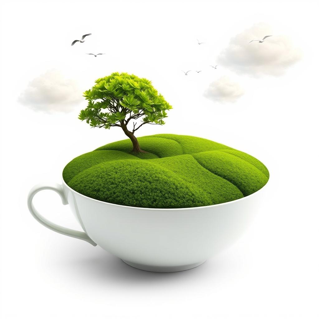 A creative surreal artwork depicting a large white teacup filled with a lush green tea plantation, intricately shaped like rolling hills