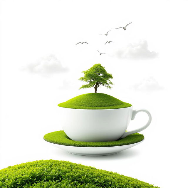 A creative surreal artwork depicting a large white teacup filled with a lush green tea plantation, intricately shaped like rolling hills