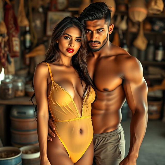 A full-length intimate and steamy couple photoshoot featuring a gorgeous 22-year-old Arab woman, radiating beauty and charm, wearing a transparent wet yellow baby doll that accentuates her curves