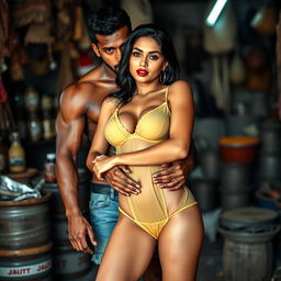 A full-length intimate and steamy couple photoshoot featuring a gorgeous 22-year-old Arab woman, radiating beauty and charm, wearing a transparent wet yellow baby doll that accentuates her curves