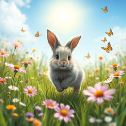 In a serene and tranquil meadow filled with vibrant wildflowers in full bloom under a bright sun, a small, fluffy rabbit named Willow is depicted joyfully hopping through the lush green grass