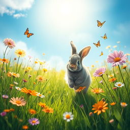 In a serene and tranquil meadow filled with vibrant wildflowers in full bloom under a bright sun, a small, fluffy rabbit named Willow is depicted joyfully hopping through the lush green grass
