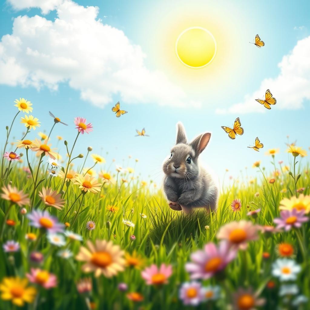 In a serene and tranquil meadow filled with vibrant wildflowers in full bloom under a bright sun, a small, fluffy rabbit named Willow is depicted joyfully hopping through the lush green grass