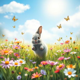 In a serene and tranquil meadow filled with vibrant wildflowers in full bloom under a bright sun, a small, fluffy rabbit named Willow is depicted joyfully hopping through the lush green grass