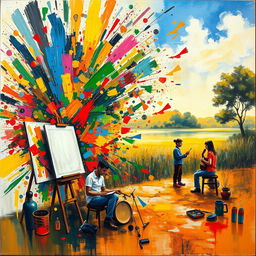 An abstract representation of the personal function of art in an individual's life, showcasing a colorful explosion of creativity and expression