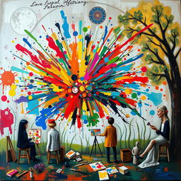 An abstract representation of the personal function of art in an individual's life, showcasing a colorful explosion of creativity and expression