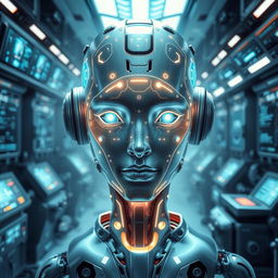 An imaginative depiction of an artificial intelligence entity, designed with a futuristic and sleek appearance, featuring glowing circuit patterns on its metallic surface, with ethereal light emanating from its core