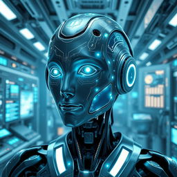 An imaginative depiction of an artificial intelligence entity, designed with a futuristic and sleek appearance, featuring glowing circuit patterns on its metallic surface, with ethereal light emanating from its core