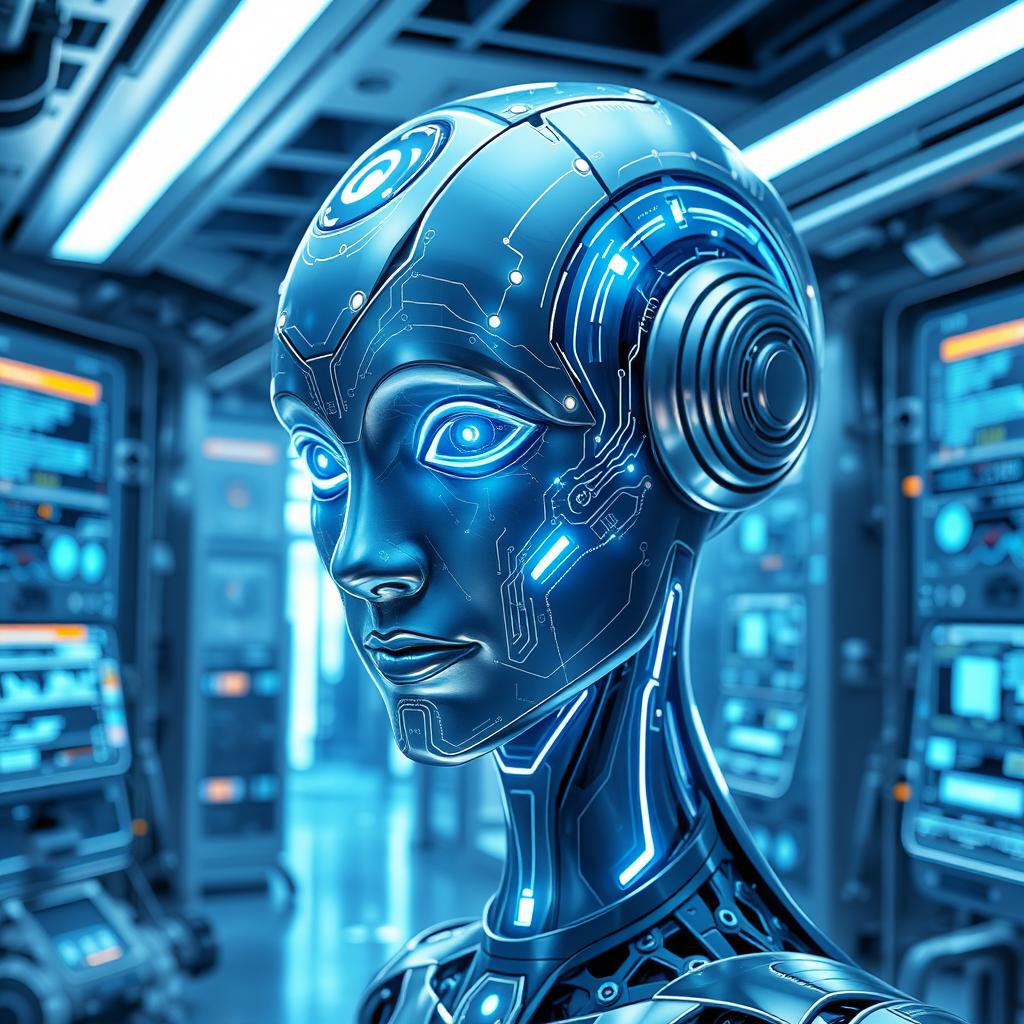An imaginative depiction of an artificial intelligence entity, designed with a futuristic and sleek appearance, featuring glowing circuit patterns on its metallic surface, with ethereal light emanating from its core