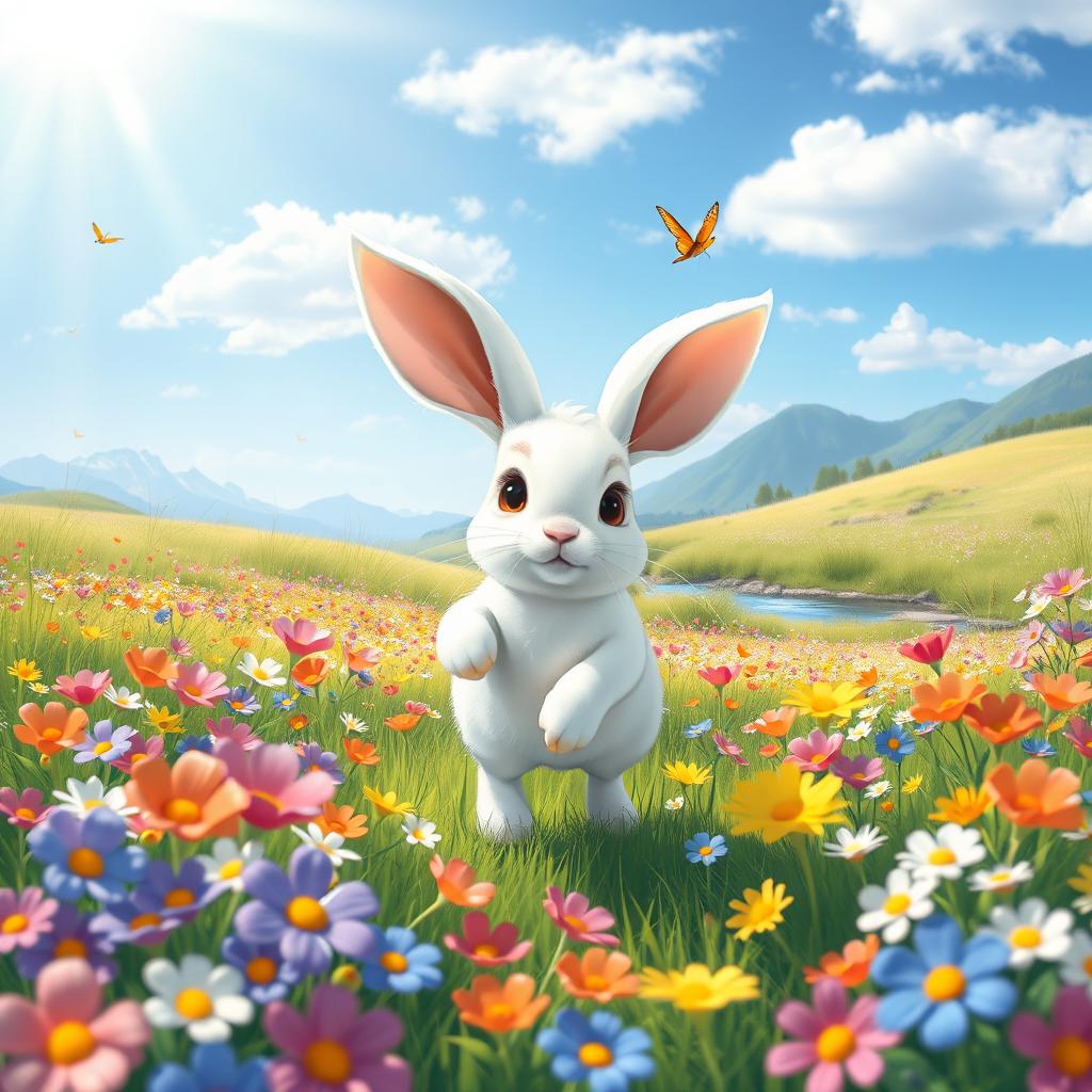 In a serene and picturesque meadow under a bright blue sky, filled with a vibrant array of blooming flowers in various colors, there is a charming white rabbit named Willow