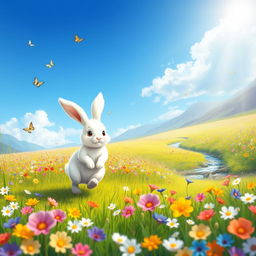 In a serene and picturesque meadow under a bright blue sky, filled with a vibrant array of blooming flowers in various colors, there is a charming white rabbit named Willow