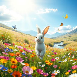In a serene and picturesque meadow under a bright blue sky, filled with a vibrant array of blooming flowers in various colors, there is a charming white rabbit named Willow