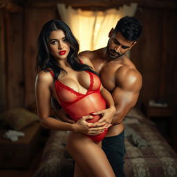 A full-length intimate and steamy couple photoshoot featuring a stunning 22-year-old Arab woman, embodying beauty and sensuality, dressed in a transparent wet red baby doll that emphasizes her gorgeous curves