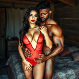 A full-length intimate and steamy couple photoshoot featuring a stunning 22-year-old Arab woman, embodying beauty and sensuality, dressed in a transparent wet red baby doll that emphasizes her gorgeous curves