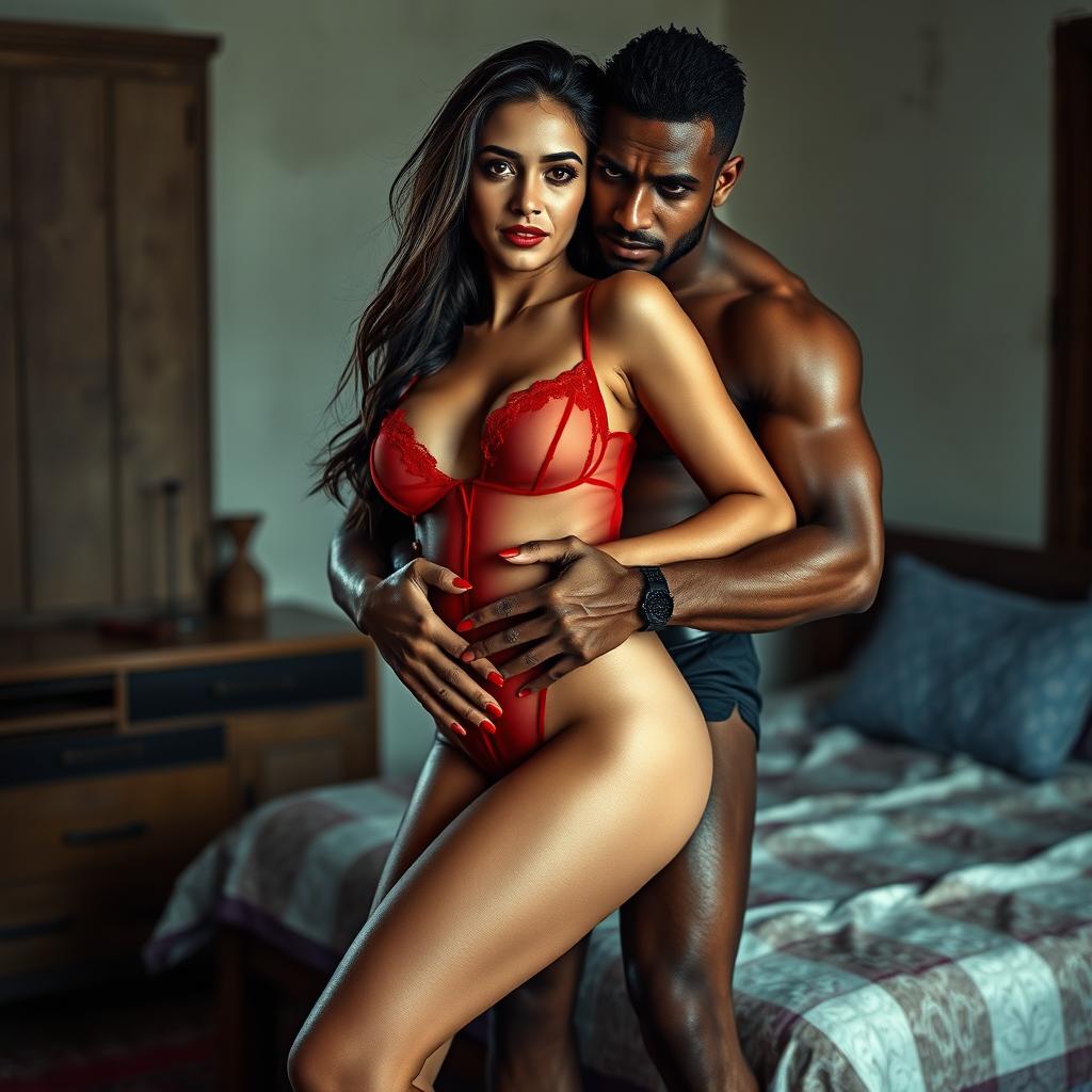 A full-length intimate and steamy couple photoshoot featuring a stunning 22-year-old Arab woman, embodying beauty and sensuality, dressed in a transparent wet red baby doll that emphasizes her gorgeous curves