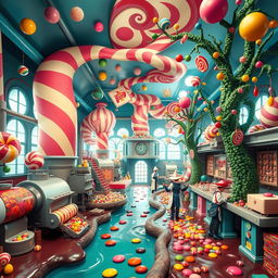 A whimsical interior of a food factory inspired by Willy Wonka, featuring vibrant colors and fantastical machinery