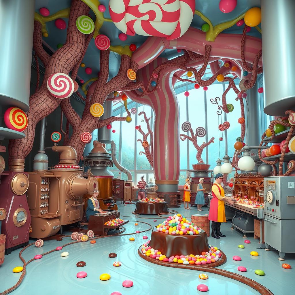A whimsical interior of a food factory inspired by Willy Wonka, featuring vibrant colors and fantastical machinery