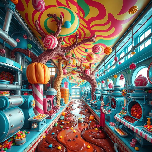 A whimsical interior of a food factory inspired by Willy Wonka, featuring vibrant colors and fantastical machinery