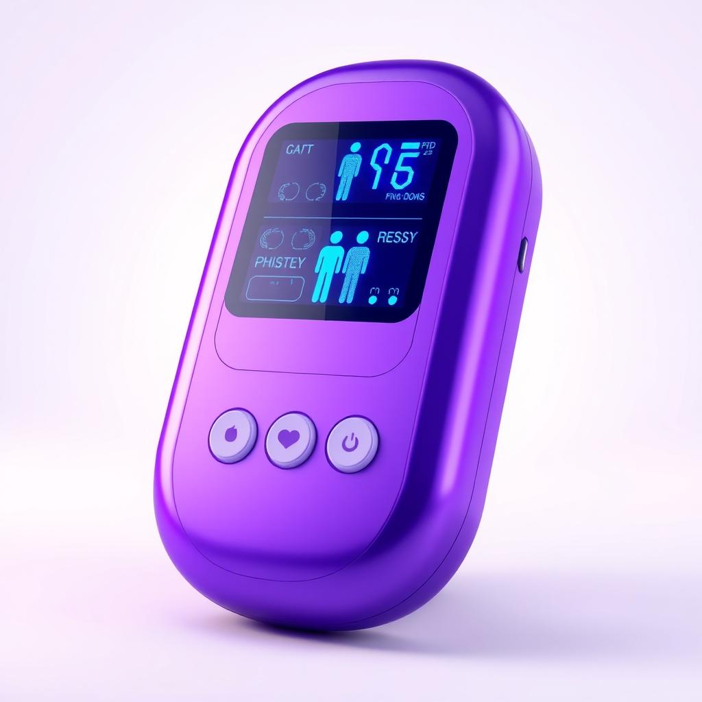 A realistic depiction of a purple cancer detection device featuring an OLED display and three push buttons