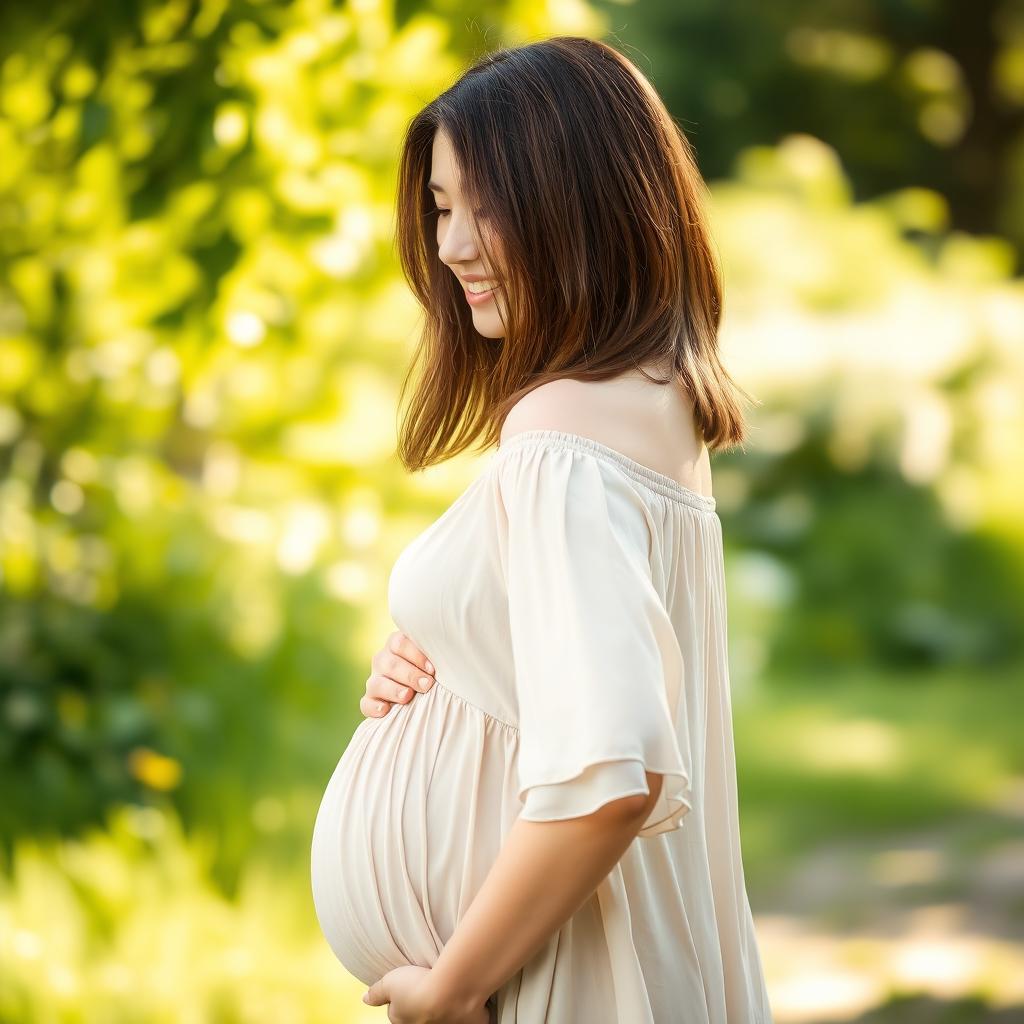 A pregnant woman, seen from the side, with shoulder-length brown hair