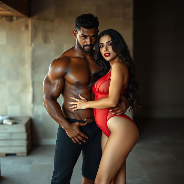 A full-length intimate and steamy couple photoshoot featuring a gorgeous 22-year-old Arab woman, radiating beauty and sensuality, dressed in a transparent red baby doll that highlights her stunning curves