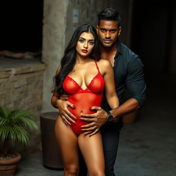 A full-length intimate and steamy couple photoshoot featuring a gorgeous 22-year-old Arab woman, radiating beauty and sensuality, dressed in a transparent red baby doll that highlights her stunning curves