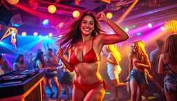 A lively scene inside a vibrant nightclub featuring a girl in a striking red bikini and a stylish bra, dancing energetically under colorful disco lights
