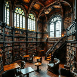 A grand library interior filled with tall bookshelves, shelves lined with ancient and modern books