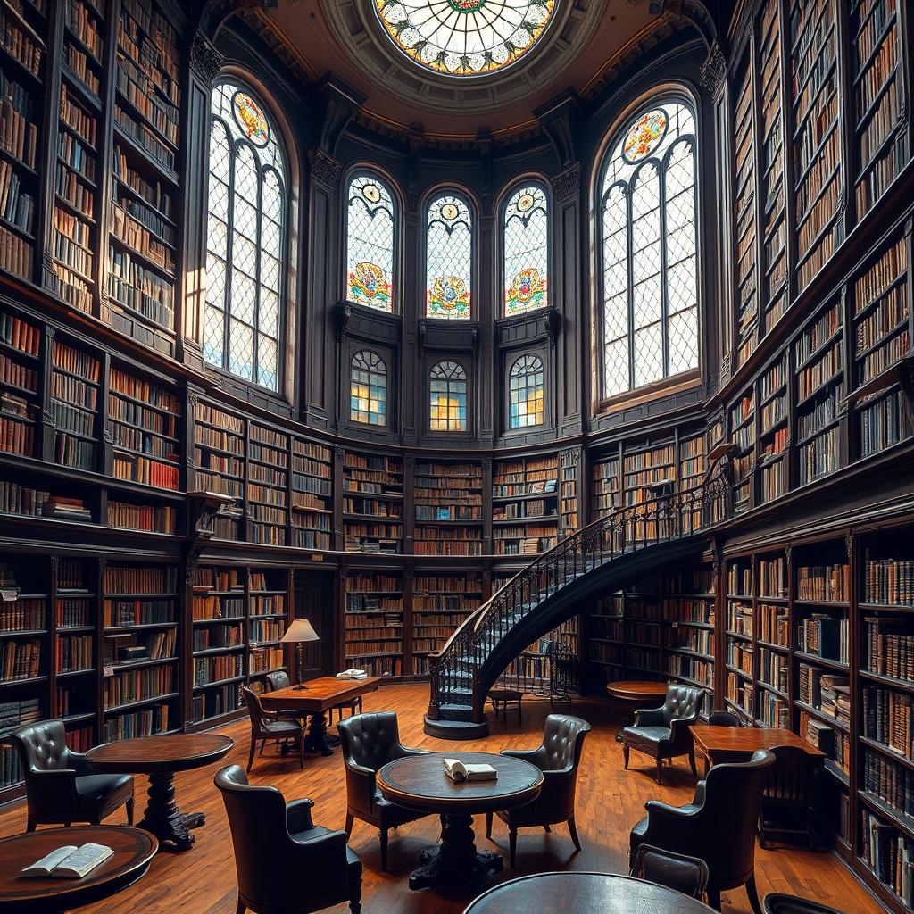 A grand library interior filled with tall bookshelves, shelves lined with ancient and modern books