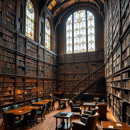 A grand library interior filled with tall bookshelves, shelves lined with ancient and modern books
