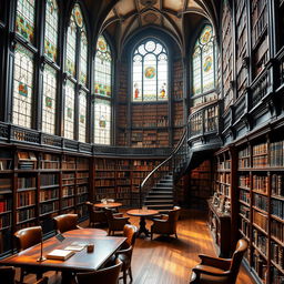 A grand library interior filled with tall bookshelves, shelves lined with ancient and modern books
