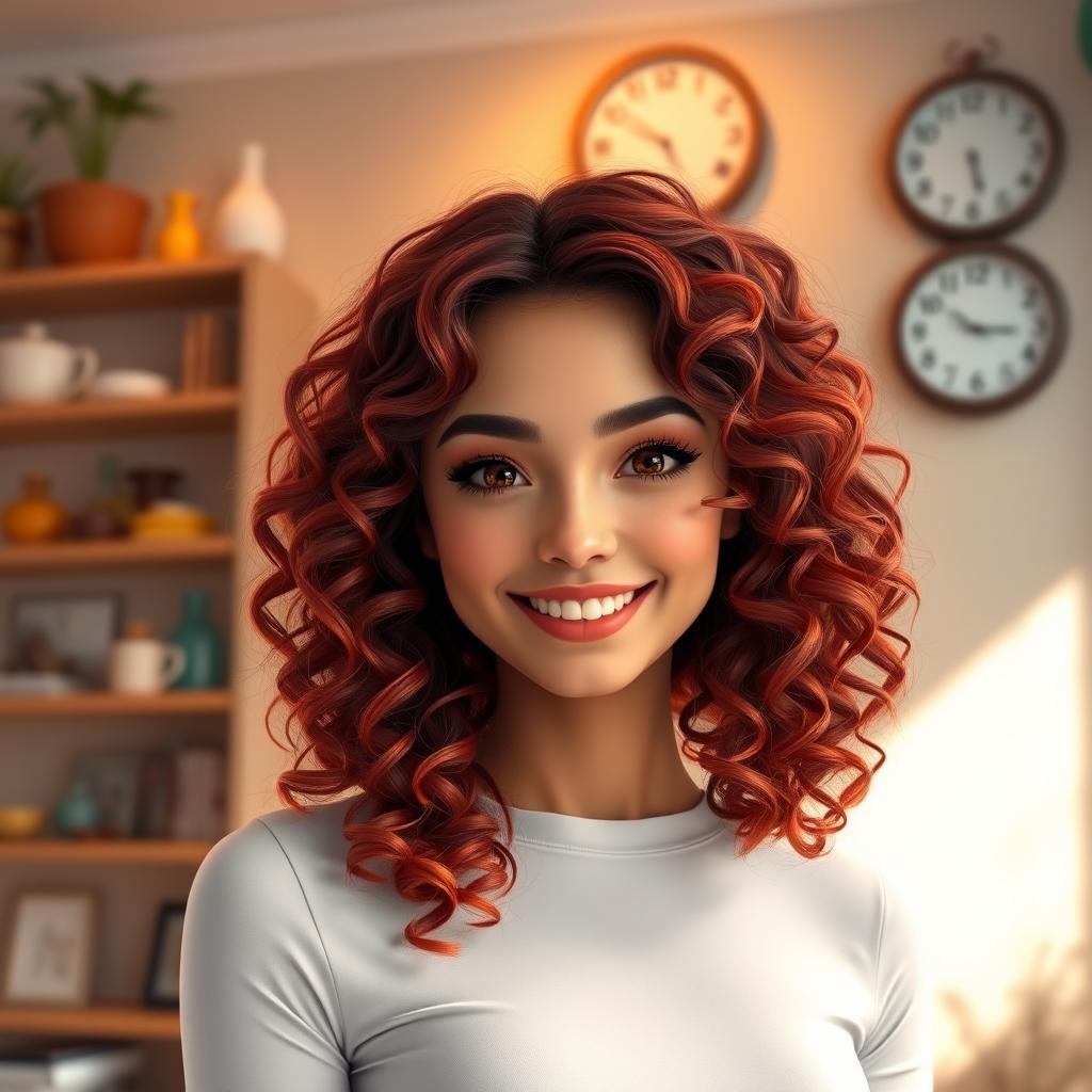 A digital artwork of a young woman with vibrant, curly hair colored in shades of deep auburn, framing her face beautifully